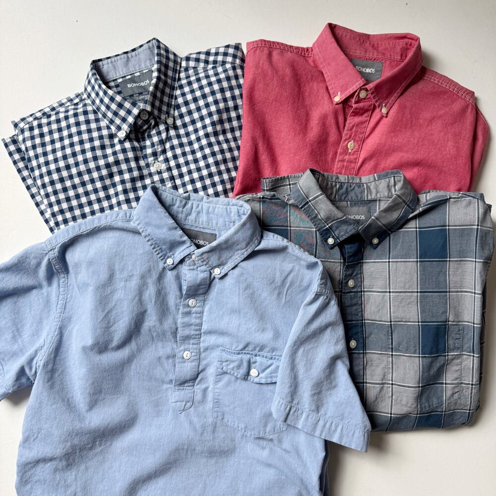 Bonobos Bundle of 4 Plaid and Solid 100% Cotton Button Up Shirts Size M